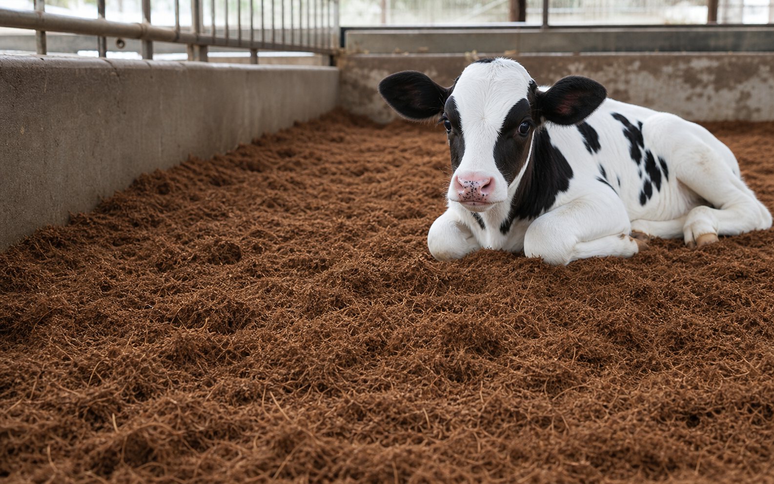 Calf resting on brown coconut coir animal bedding in a clean livestock stall