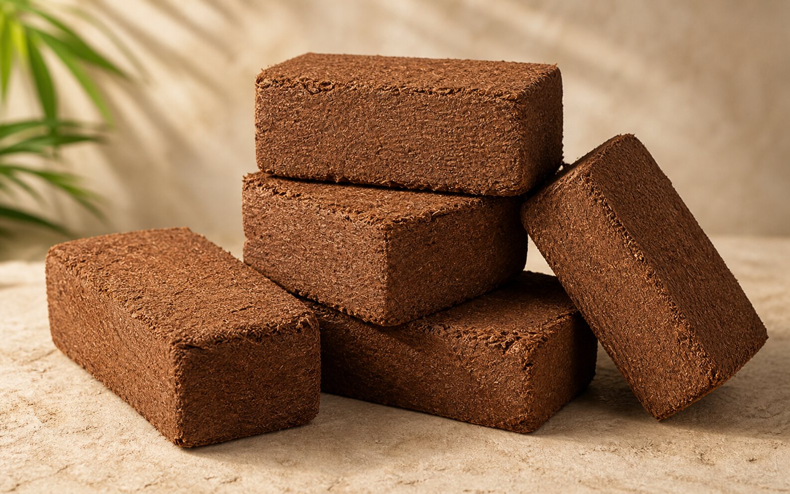 Stacked coco peat briquettes prepared for compact retail growing media formats
