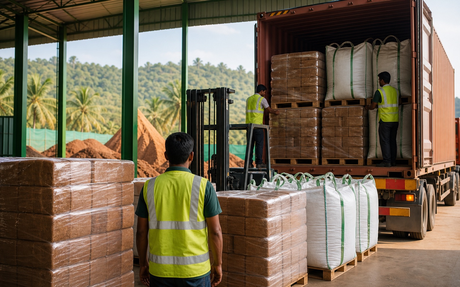 Export-ready cocopeat bags prepared for secure packaging and dispatch