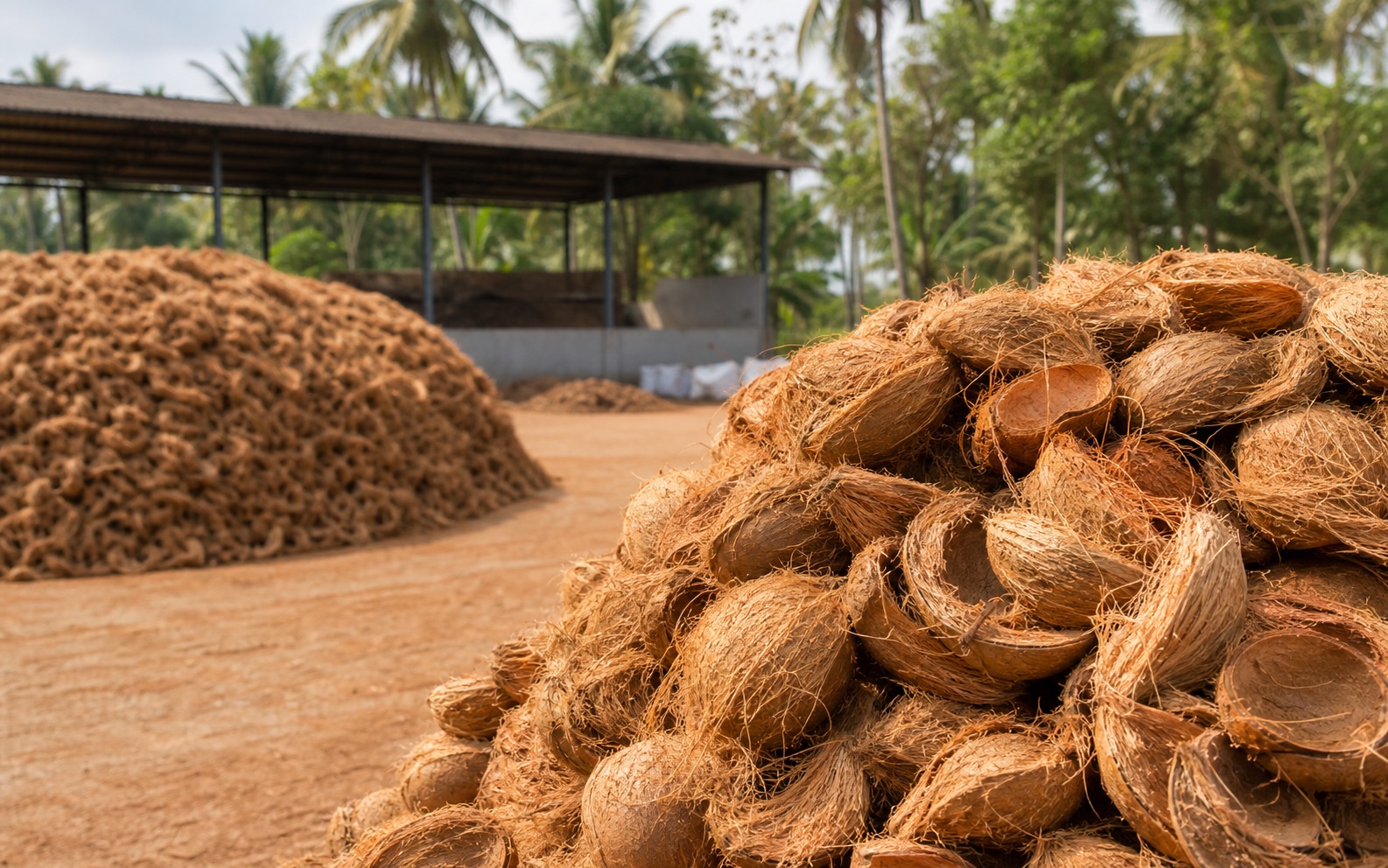 Clean coconut husks selected for cocopeat production