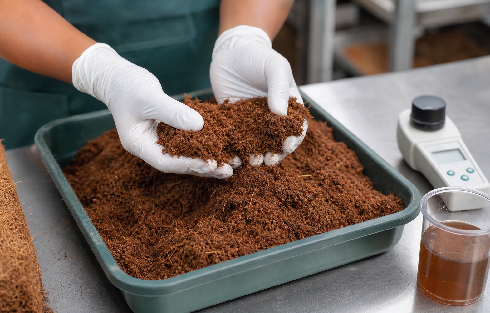 Gloved quality check of processed cocopeat texture