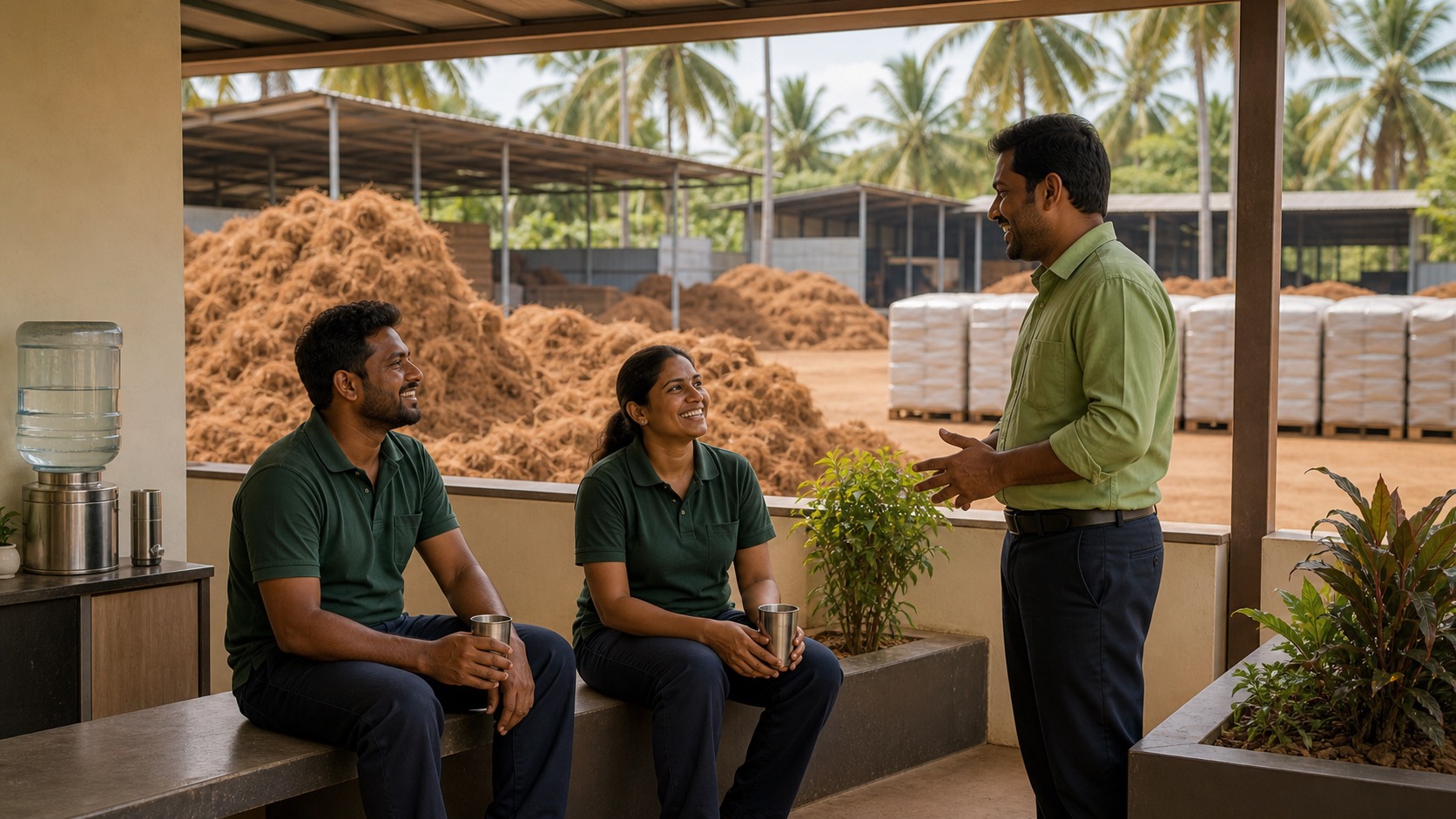 Workers in a shaded rest area beside a cocopeat facility